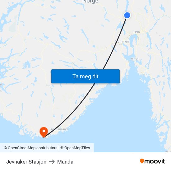 Jevnaker Stasjon to Mandal map