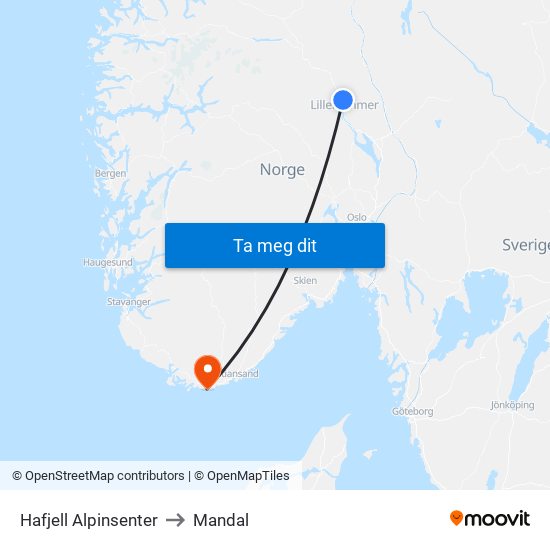 Hafjell Alpinsenter to Mandal map