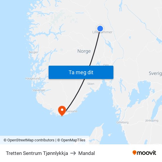 Tretten Sentrum Tjønnlykkja to Mandal map