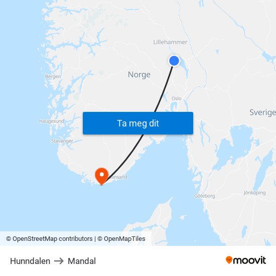 Hunndalen to Mandal map
