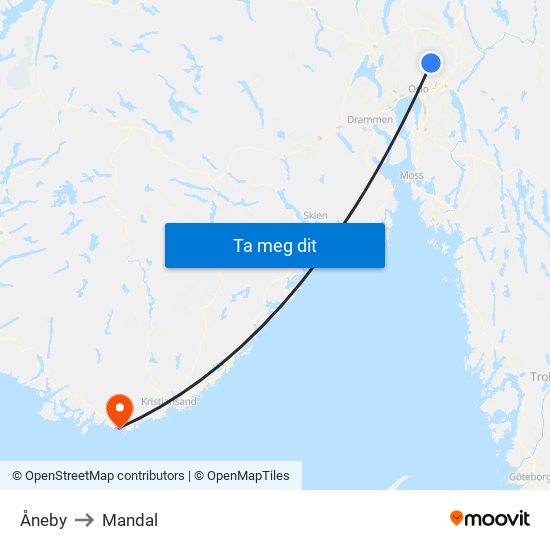Åneby to Mandal map