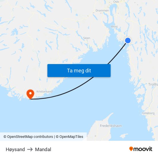Høysand to Mandal map