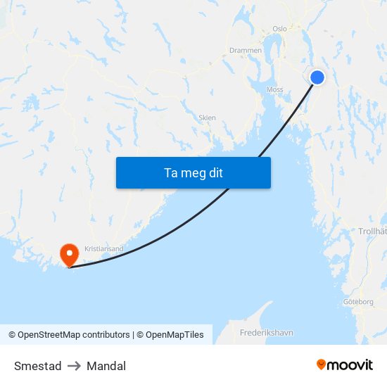 Smestad to Mandal map