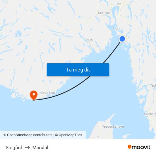 Solgård to Mandal map