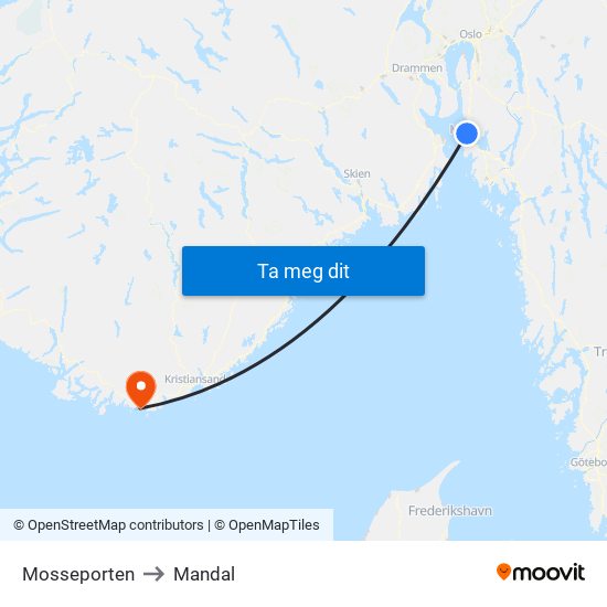 Mosseporten to Mandal map