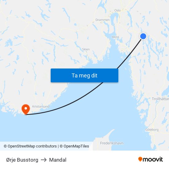 Ørje Busstorg to Mandal map