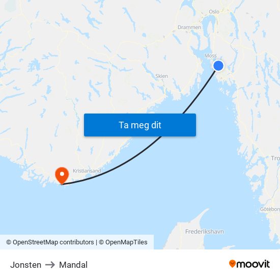 Jonsten to Mandal map