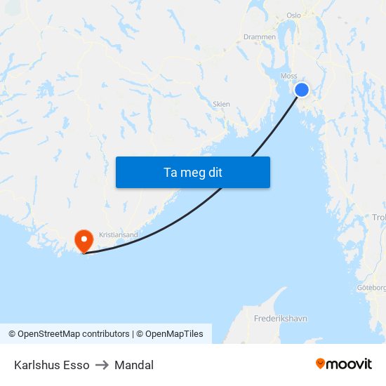 Karlshus Esso to Mandal map
