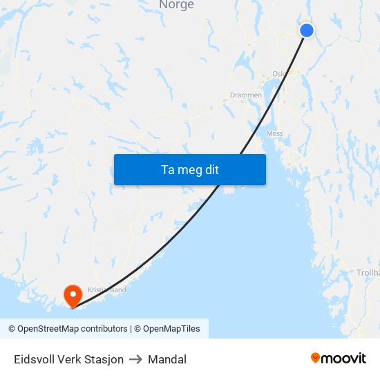 Eidsvoll Verk Stasjon to Mandal map