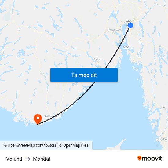Vølund to Mandal map