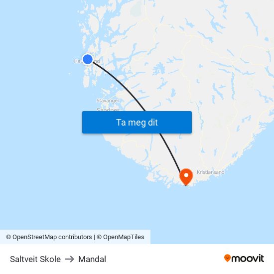 Saltveit Skole to Mandal map