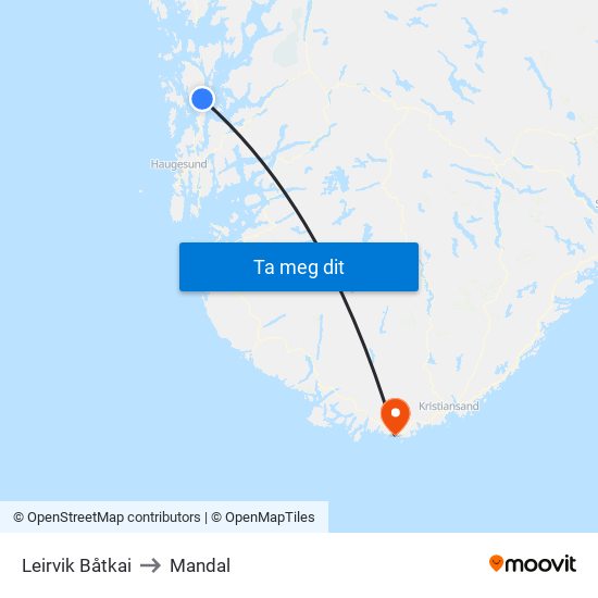 Leirvik Båtkai to Mandal map