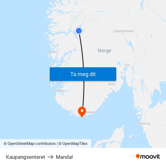 Kaupangsenteret to Mandal map