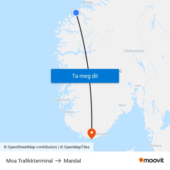 Moa Trafikkterminal to Mandal map