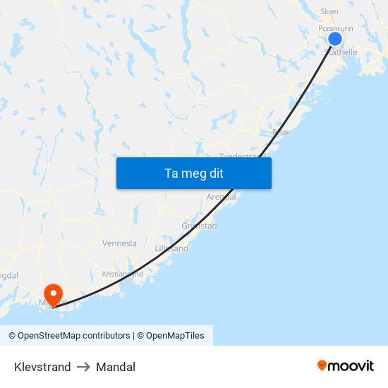 Klevstrand to Mandal map