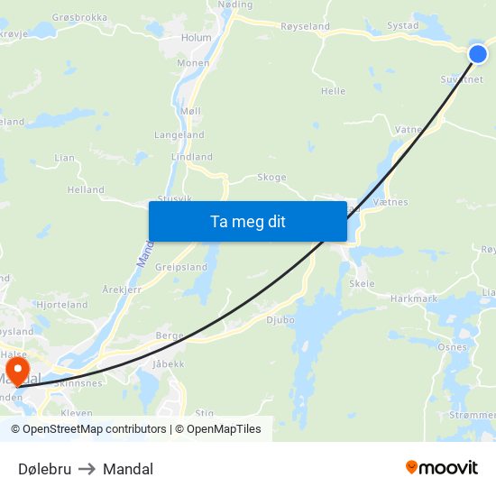 Dølebru to Mandal map