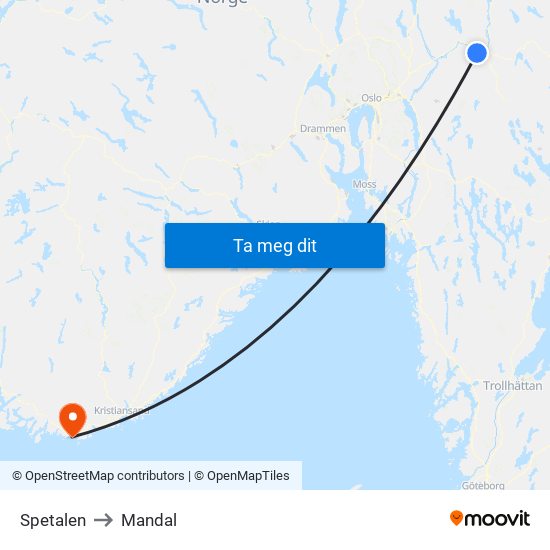 Spetalen to Mandal map