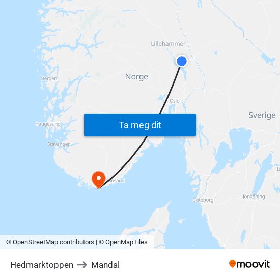 Hedmarktoppen to Mandal map