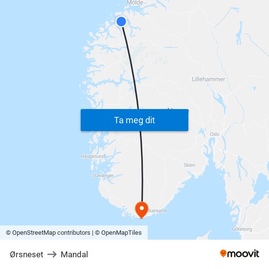 Ørsneset to Mandal map