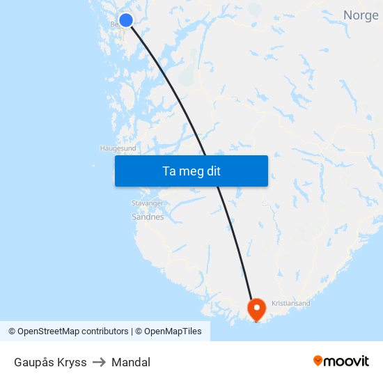 Gaupås Kryss to Mandal map