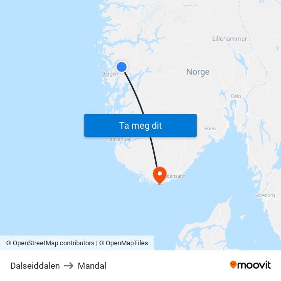 Dalseiddalen to Mandal map