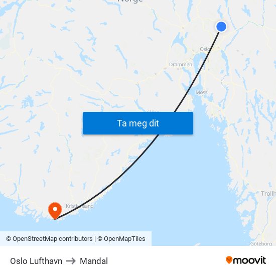 Oslo Lufthavn to Mandal map
