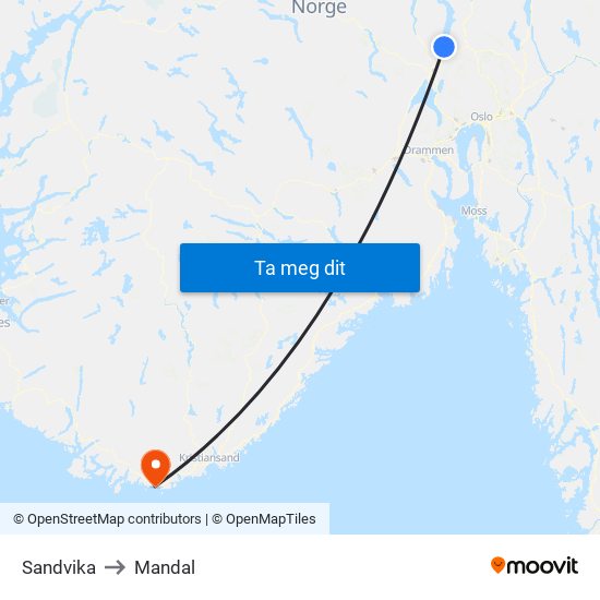 Sandvika to Mandal map