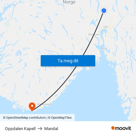 Oppdalen Kapell to Mandal map