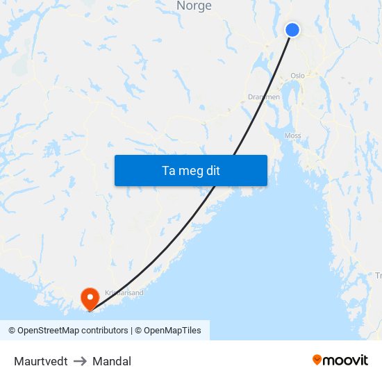 Maurtvedt to Mandal map