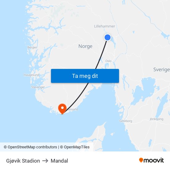 Gjøvik Stadion to Mandal map