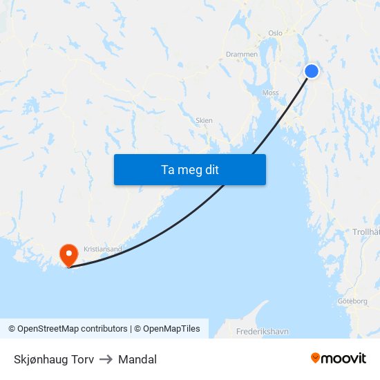 Skjønhaug Torv to Mandal map