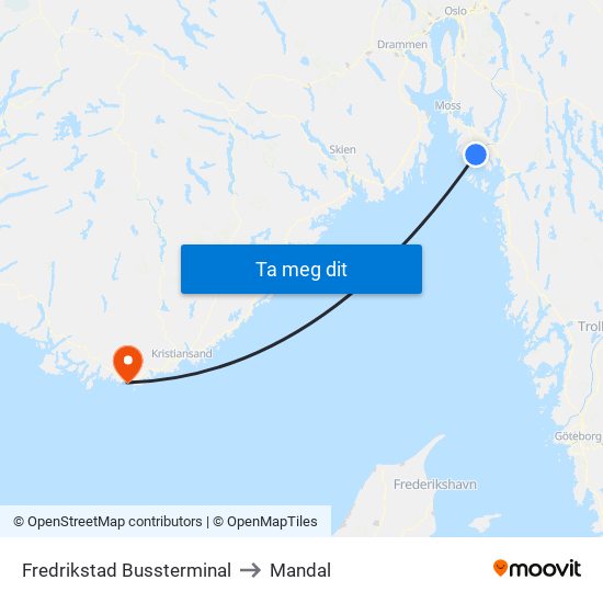 Fredrikstad Bussterminal to Mandal map