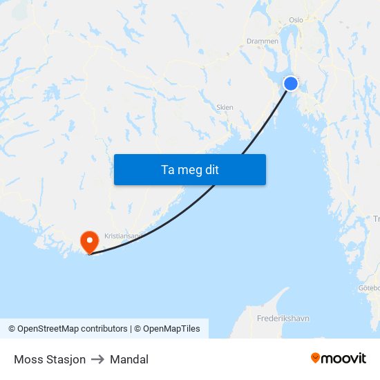 Moss Stasjon to Mandal map