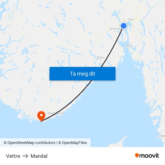 Vettre to Mandal map