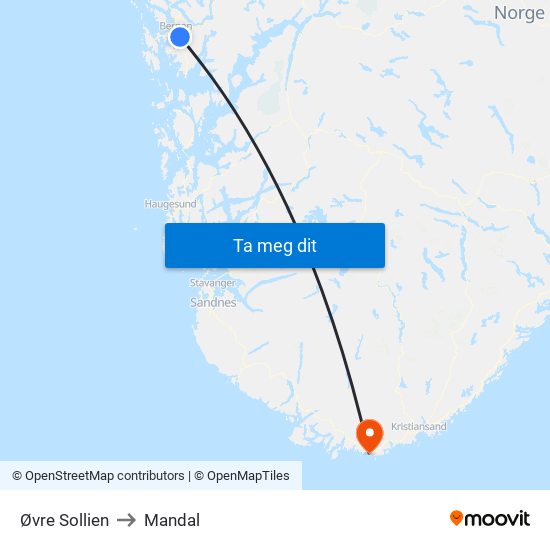 Øvre Sollien to Mandal map