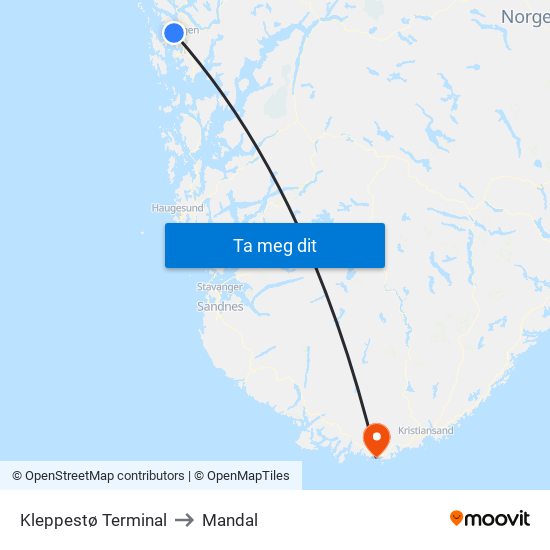 Kleppestø Terminal to Mandal map