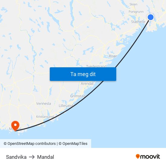 Sandvika to Mandal map