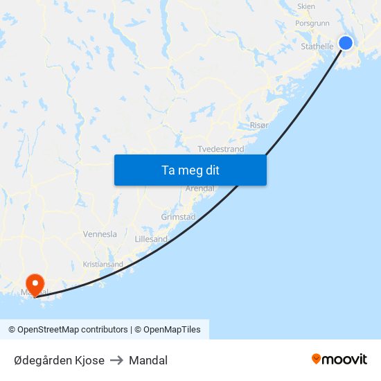 Ødegården Kjose to Mandal map