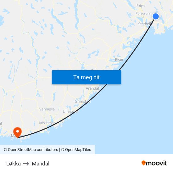 Løkka to Mandal map