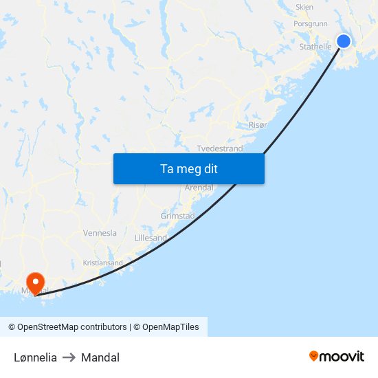 Lønnelia to Mandal map