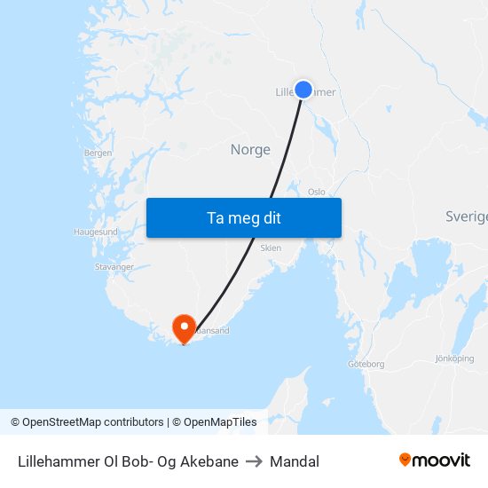 Lillehammer Ol Bob- Og Akebane to Mandal map
