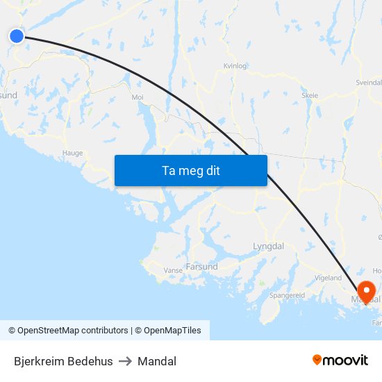 Bjerkreim Bedehus to Mandal map