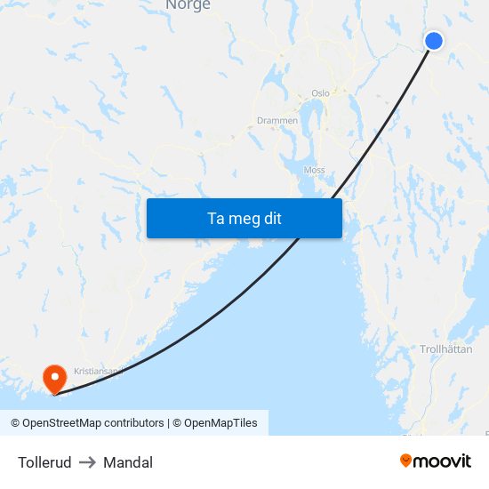 Tollerud to Mandal map