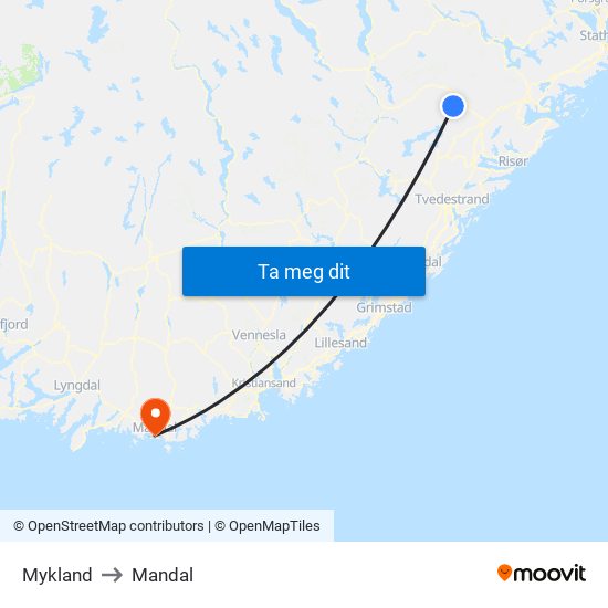 Mykland to Mandal map
