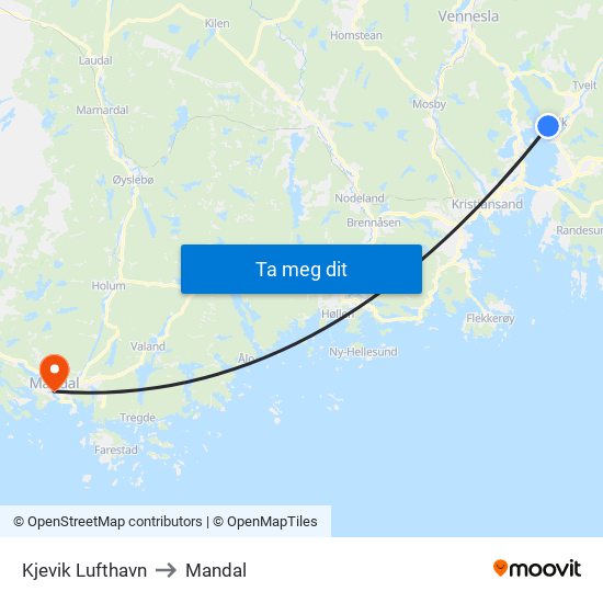 Kjevik Lufthavn to Mandal map