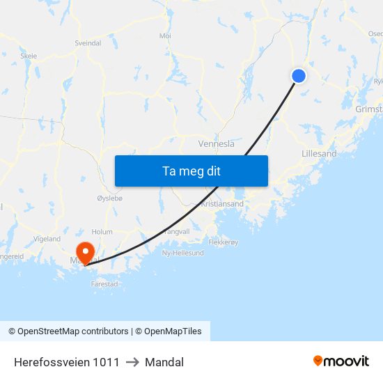 Herefossveien 1011 to Mandal map