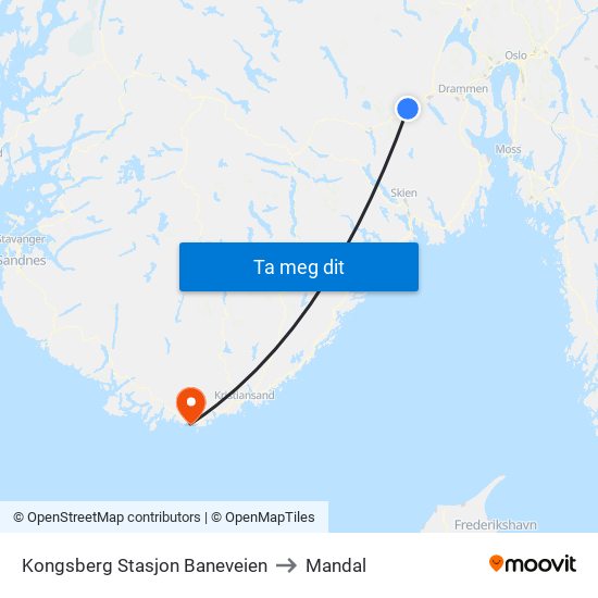 Kongsberg Stasjon Baneveien to Mandal map