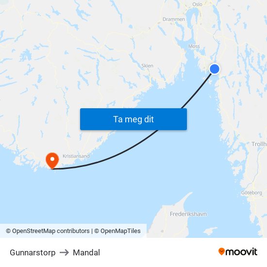 Gunnarstorp to Mandal map