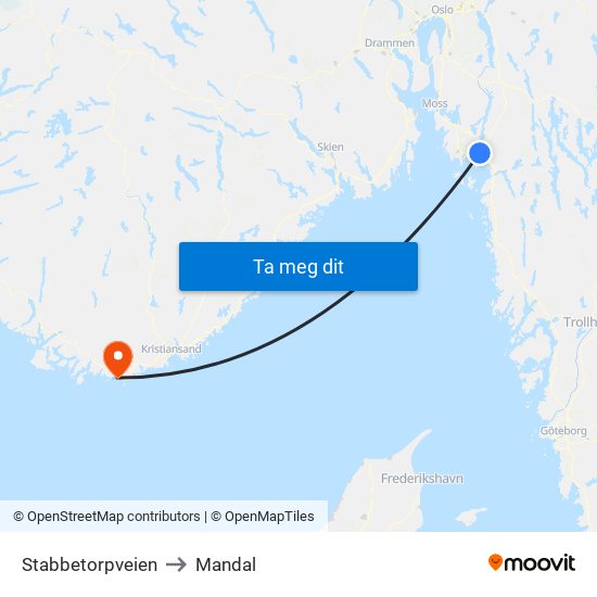 Stabbetorpveien to Mandal map