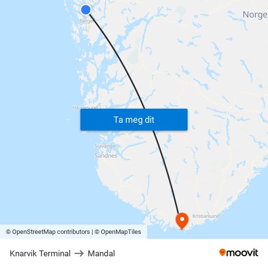 Knarvik Terminal to Mandal map